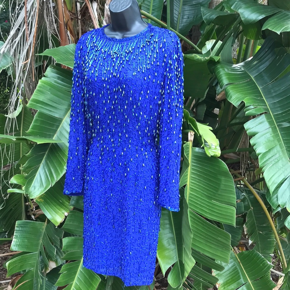 Vintage beaded cobalt blue fringe dress